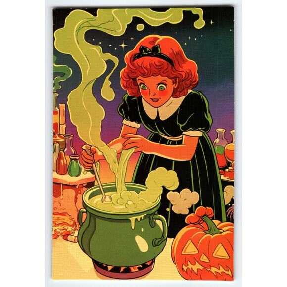 Vintage Photochrome Halloween Postcard Girl Brewing Potion & Jack-O'-Lantern - Picture 1 of 2